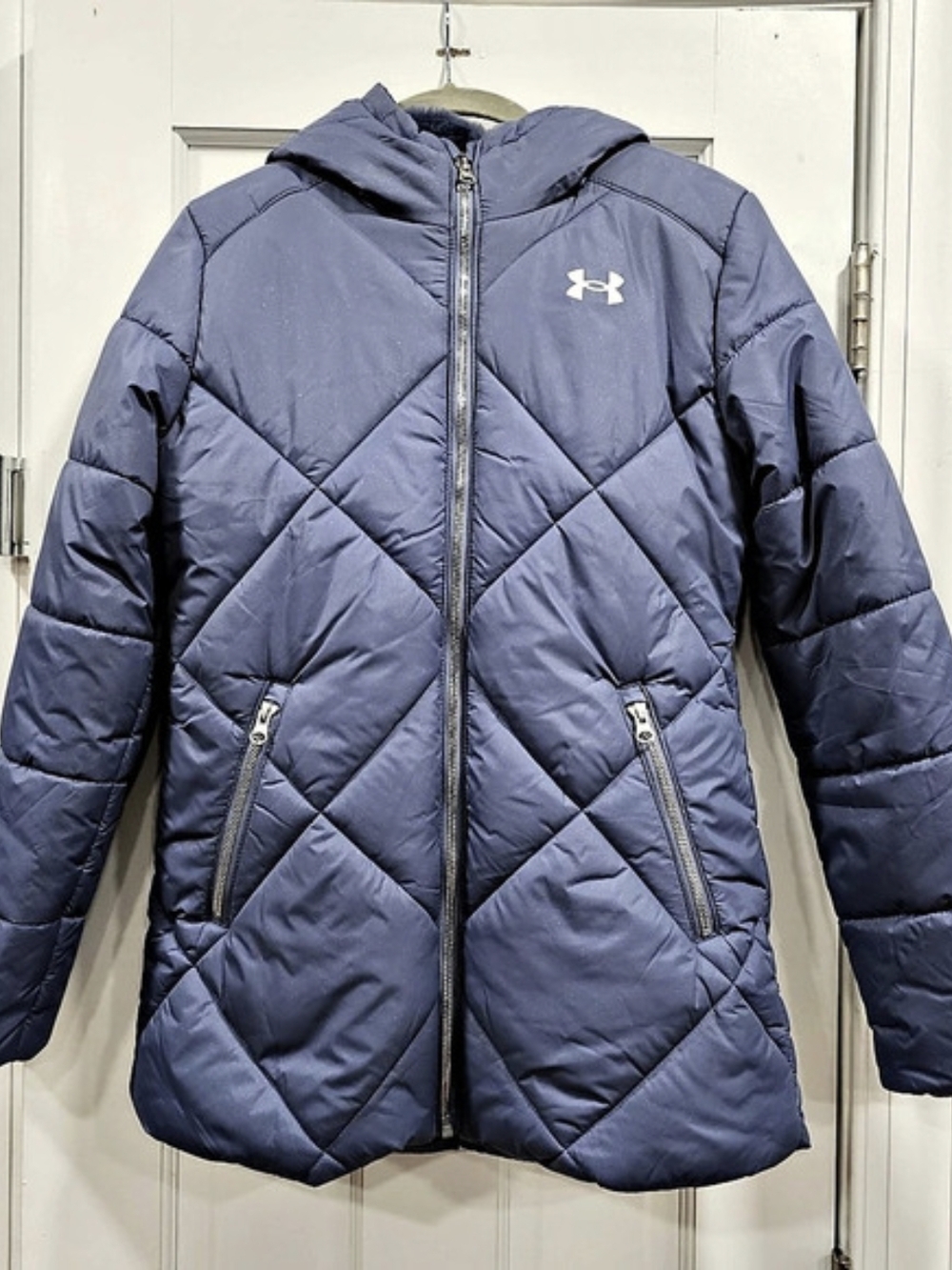 Under Armour Girls Youth Large Blue Shimmer Faux Fur Lined Hooded Puffer Jacket